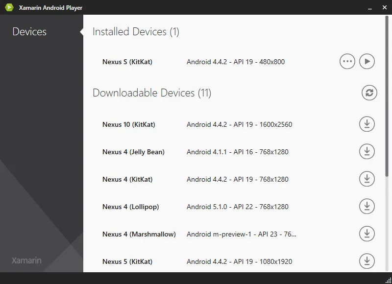 Xamarian Android Player Installed Devices