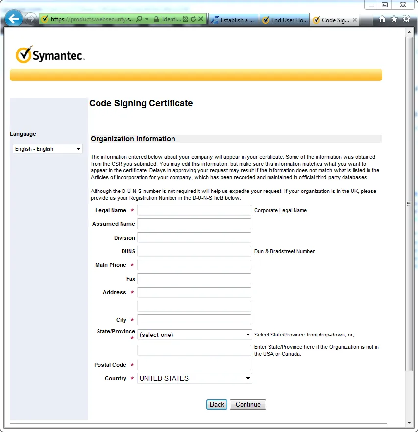 Code Signing Organization Info