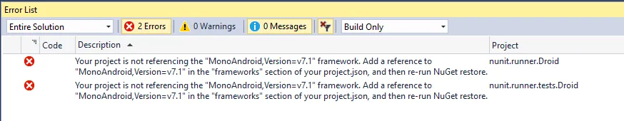 NUnit Xamarin Droid Version Error