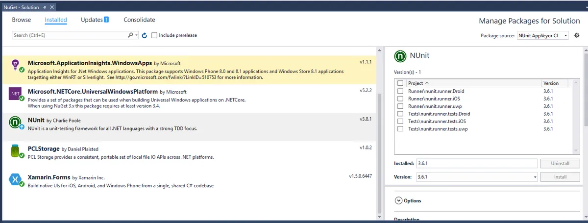 NUnit Xamarin Nuget Upgrade To 3.8.1