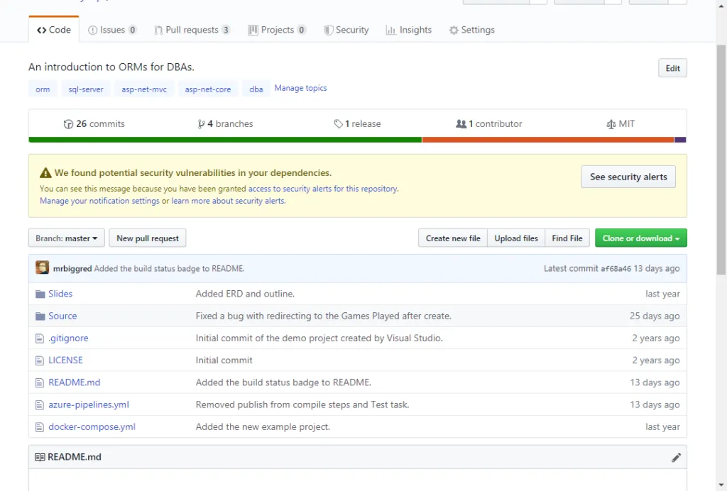 Security alert in GitHub.