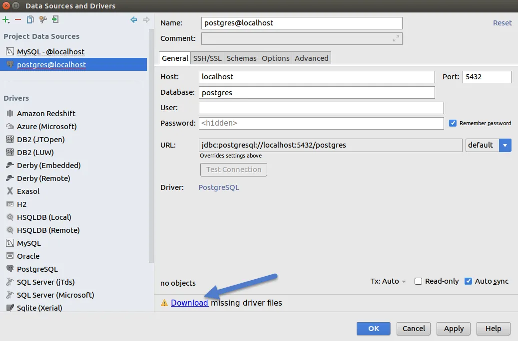 DataGrip PostgreSQL Create Datasource Download Missing Drivers