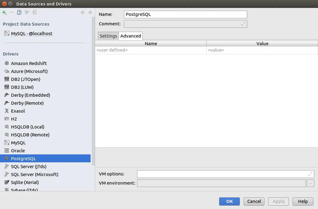 DataGrip PostgreSQL Data Source Advanced Options
