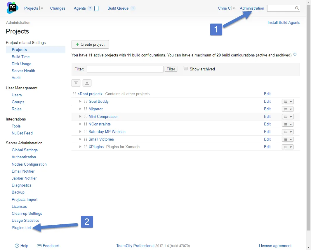 TeamCity Navigate To Plugins List